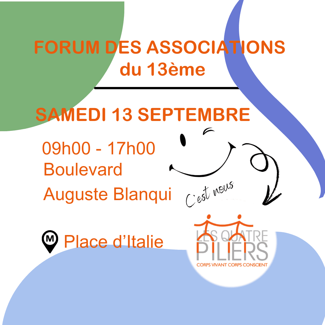 Forum des associations du 13ème arrondissement de Paris. samedi 13 septembre de 9h à 17h00 Boulevard Auguste Blanqui Métro Place D'italie. vous nous trouverez à L'association Quatre Piliers