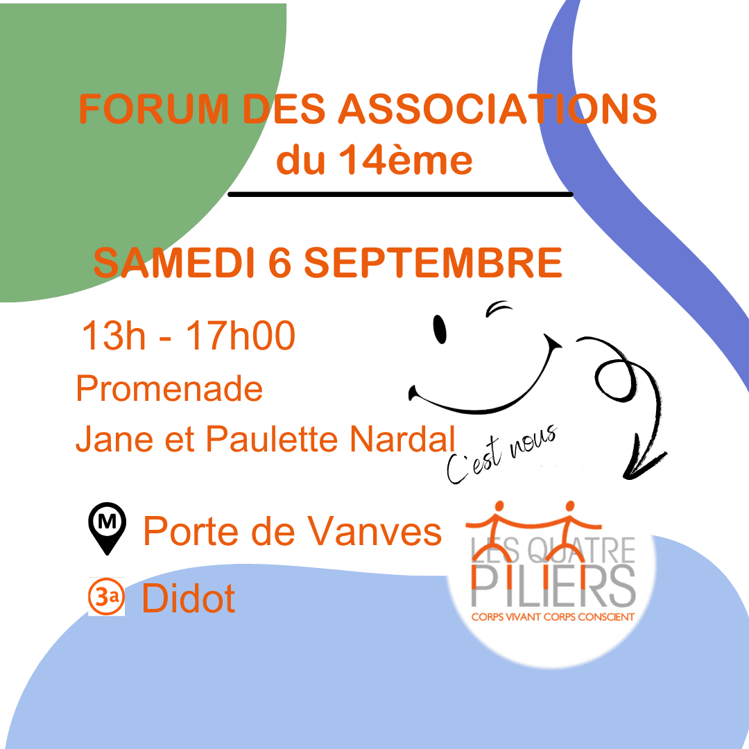 Forum des associations du 14ème arrondissement de Paris. samedi 6 septembre de 13h à 17h Promenade Jane et Paulette Nardal. Metro Porte de vanves ou Didot. Vous nous trouverez à l'association Quatre Piliers